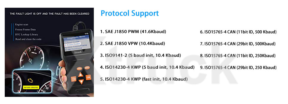 Fault Code Reader XTRUCK Y10 OBD2 Car Diagnostic Tool pk LAUNCH X431 CR3001 OBD2 Scanner Creader 3001 code read